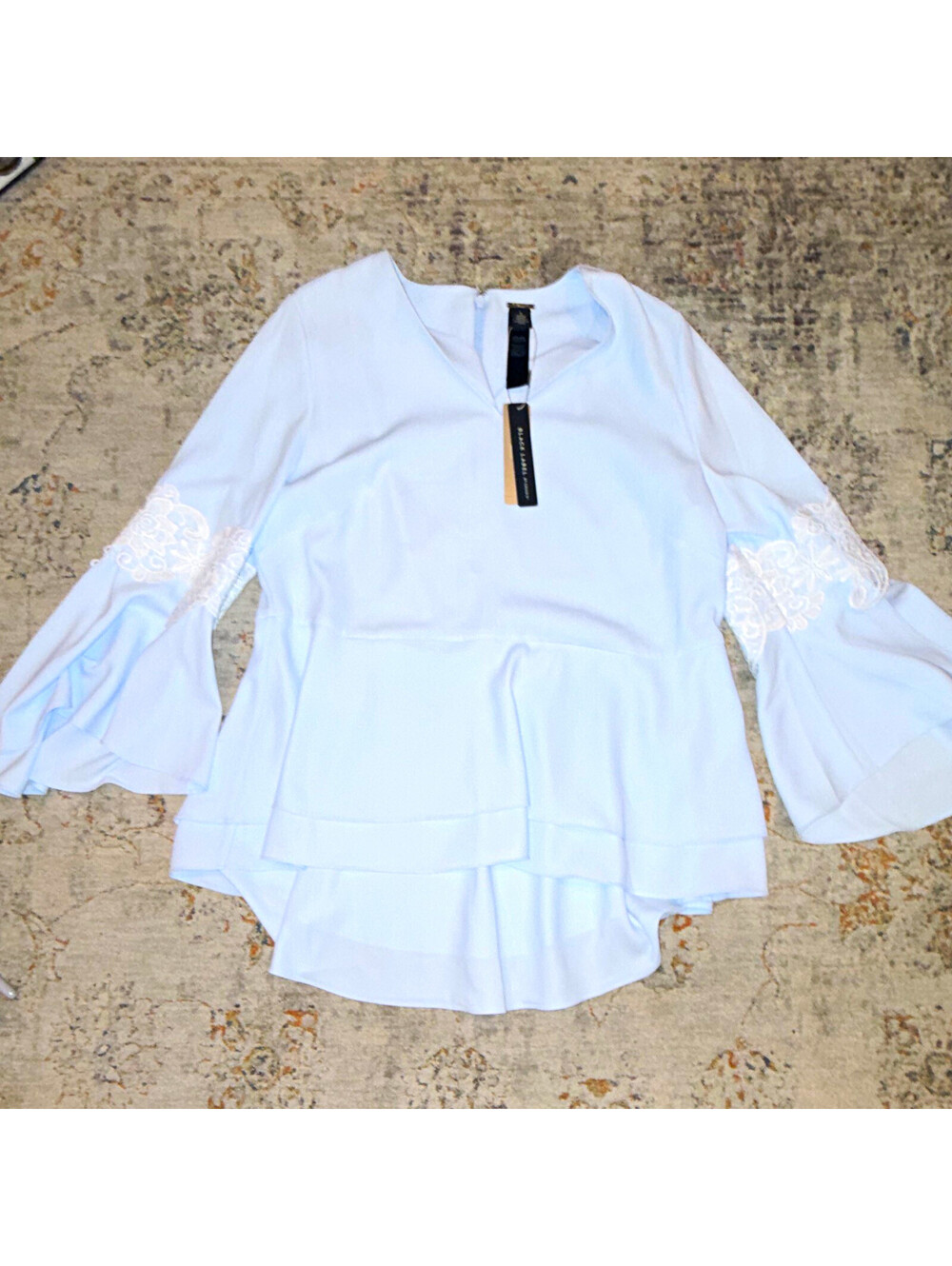 Black Label by Chico's Light Blue V-Neck Lace Bell Sleeve Peplum Blouse 1 A359